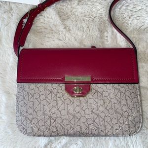 Burgundy And Calvin Klein Print Satchel With Strap